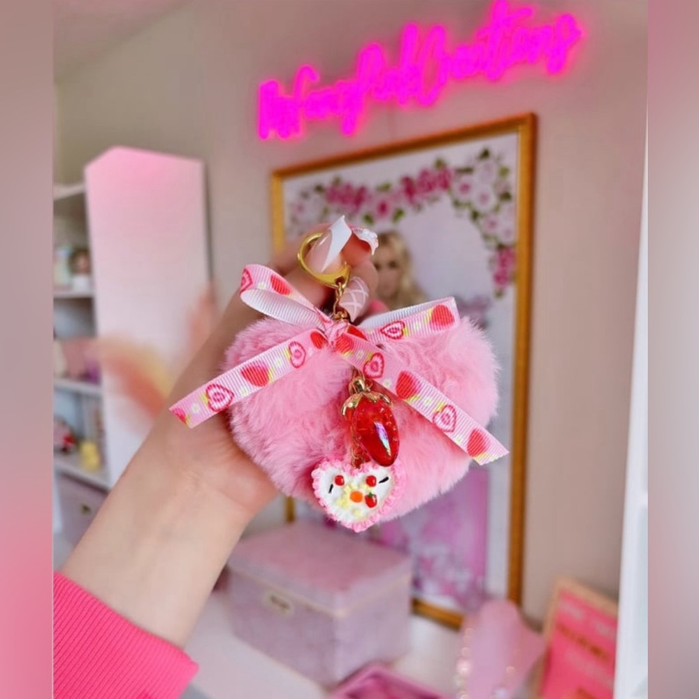 Handmade Strawberry Heart Pom Keychain